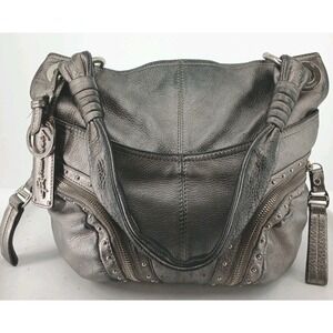 B. Makowsky Metallic Gray Silver Leather Studded Bag Purse Clean  D141